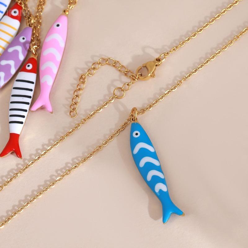 Süße Bunte Emaille Fisch Anhänger Halskette für Damen Edelstahl Streifen Fisch Charms Sommer Strandparty Urlaub Schmuck Geschenk
