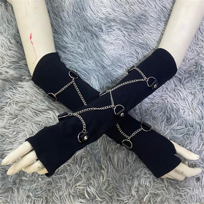 Dark Gothic Chain Long Fingerless Gloves Wrist Wrap Decorative Arm Sleeves For Women Punk Fashion And Stage Performances
