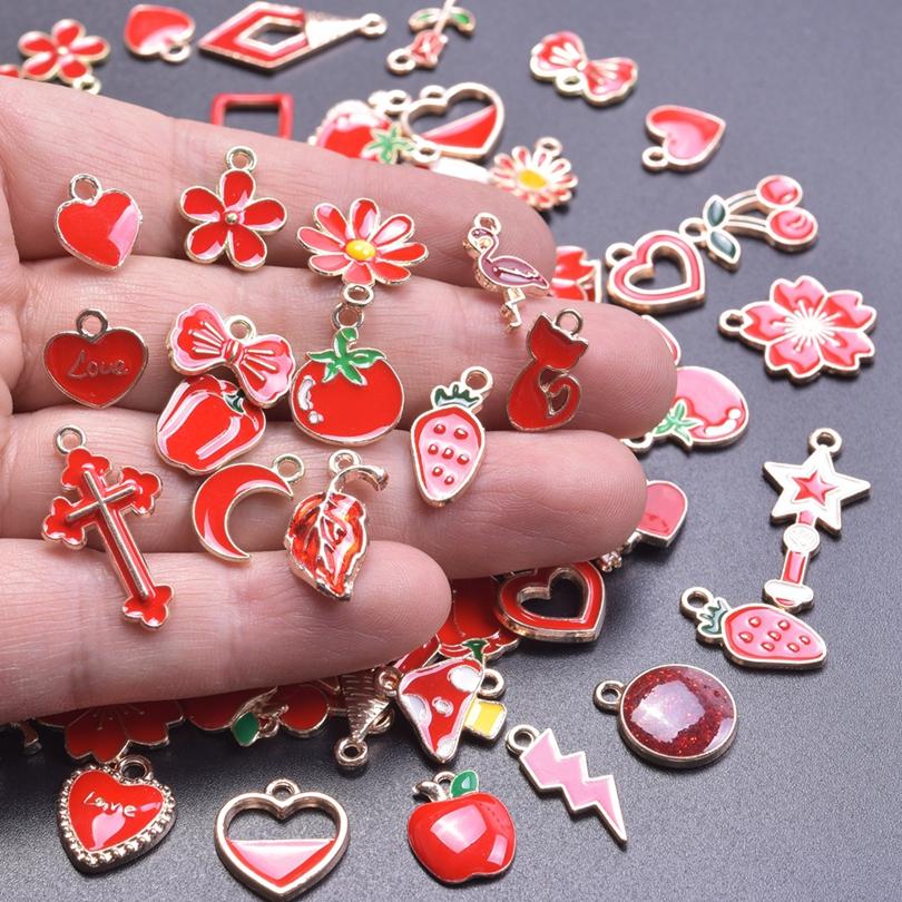 Mix Color Red Enamel Charm Strawberry Mushroom Heart Random Charms For Jewelry Making Bulk DIY Bracelets Earrings Pendants Bulk