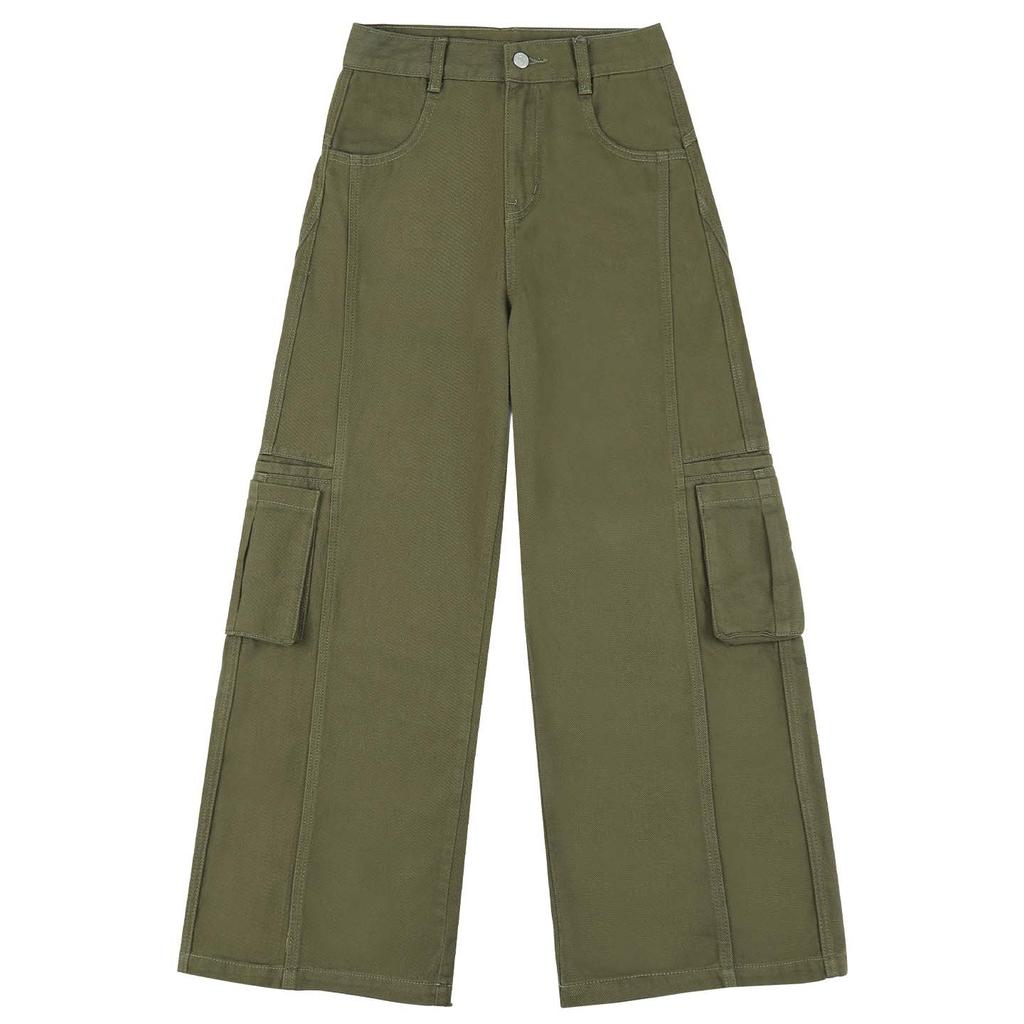 Army green casual high-waisted tooling jeans women's 1116 spring new thin loose big pocket wide-leg pants cotton