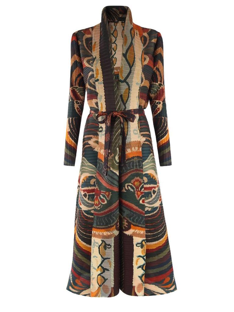 Pleated Printed Long Trench Coat for Women - 2025 Spring Lapel Loose Fit Plus Size Long Sleeve Robe