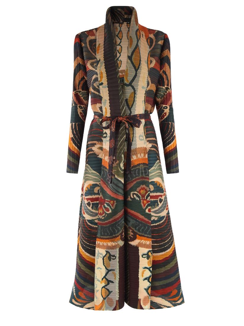 

Плиссированный длинный тренч с принтом для женщин - Весна 2025 Лацкан Свободный крой Большой размер Длинный рукав Халат One Size