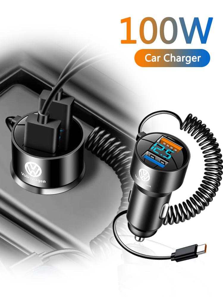 100W Car Charger With Type C Cable USB 12V Super Fast Charging Vehicle Adapter 2 In 1 For Volkswagen VW Polo Tiguan Passat Jetta PT1