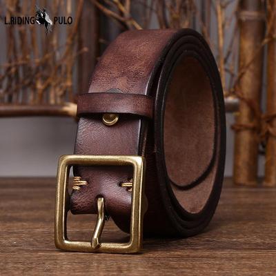 Riem Heren Retro Mode en Gepersonaliseerde Trendy Distressed Puur Koeienhuid Leder Messing Gesp Koreaanse Casual Denim Riem