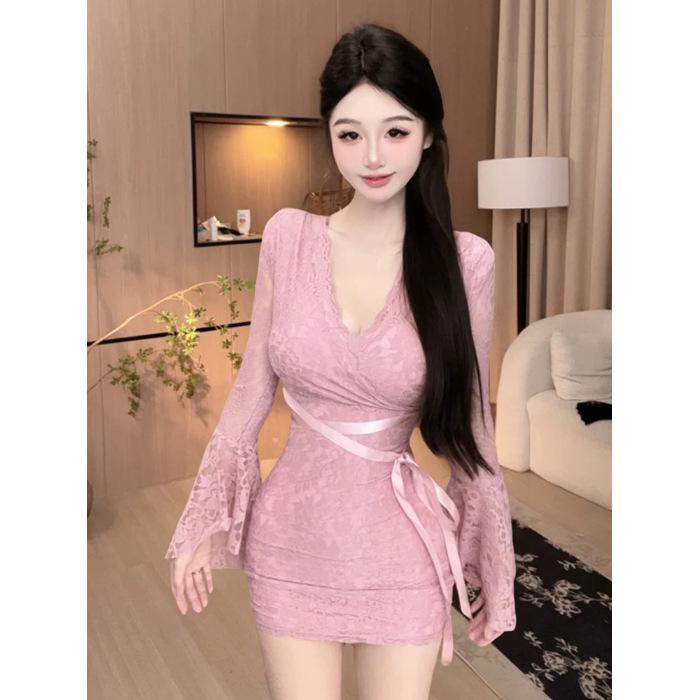 Elegant Slim-Fit V-Neck Long-Sleeve Tie-Waist Dress for Early Autumn M