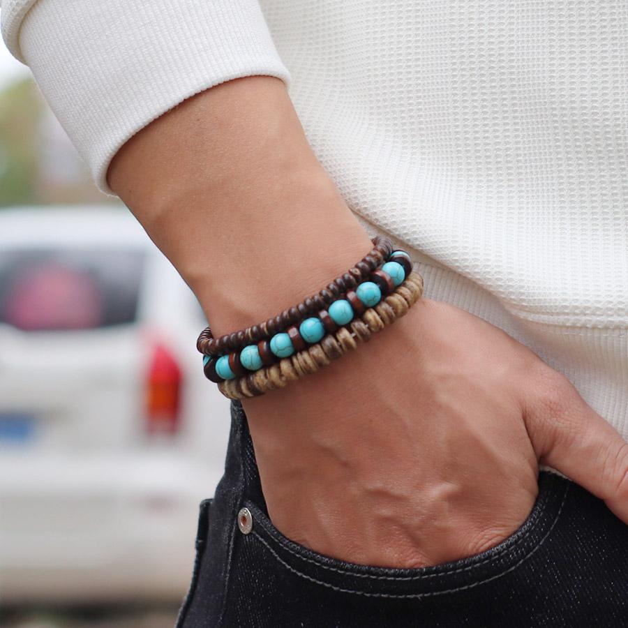3Pcs Coconut Husk Wooden Bracelet Homme Turquoises Lava Tiger Eyes Strand Braclet Meditation Healing Braslet Accessories Hombre