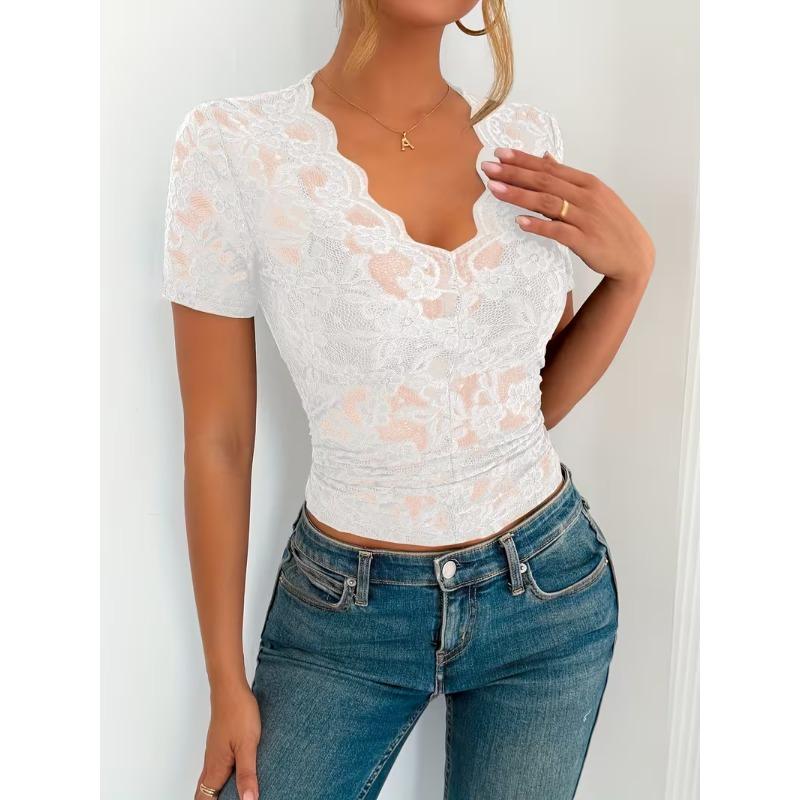 2026 spring and summer new directional elegant women's sexy lace V-neck short-sleeved T-shirt top women