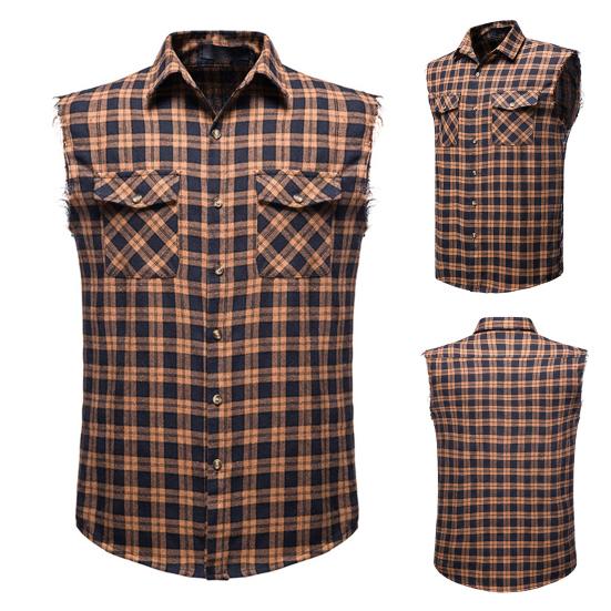 Shirt Vest Fashion Sleeveless 3D Cutting Casual Vest Men Plaid Print Waistcoat Top Men Vest Male Clothing