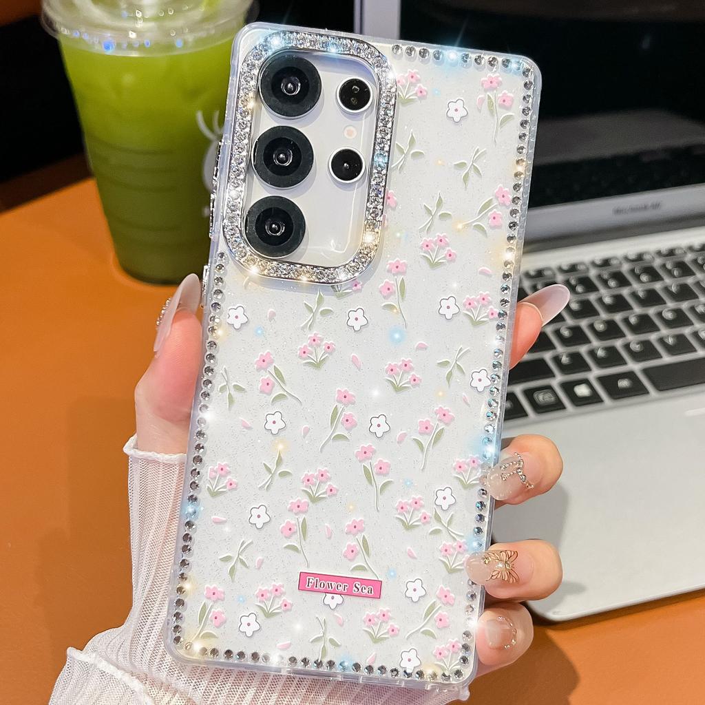 Samsung S25Ultra Mobile Phone Case Flash Drill S24FE Flower One Line Mirror Bracket A36 Protective Cover