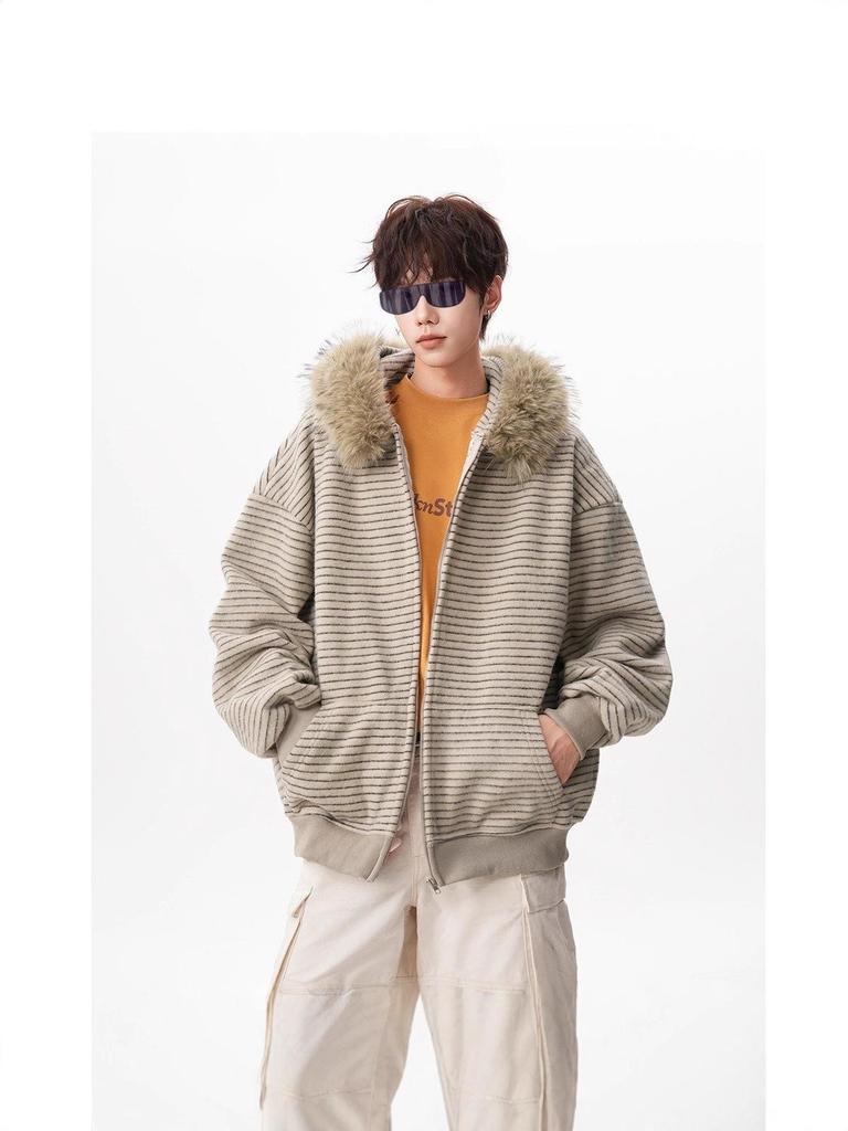 Unisex American Retro Faux Fur Collar Striped Hooded Jacket - Versatile Loose Cardigan for Autumn/Winter