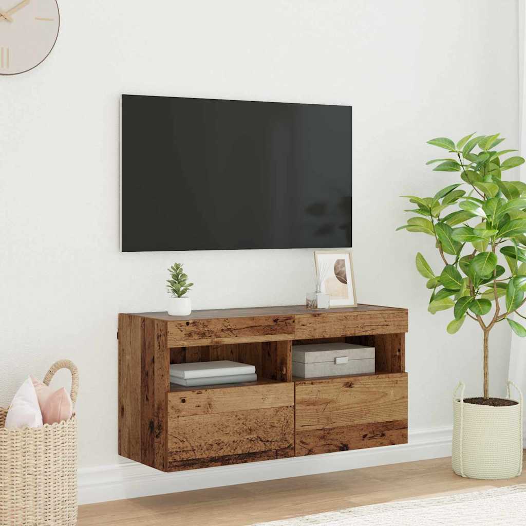 Wall Mounted TV Cabinet with LED Lighting Reclaimed Wood Look 80 x 30 x 40 cm Engineered Wood