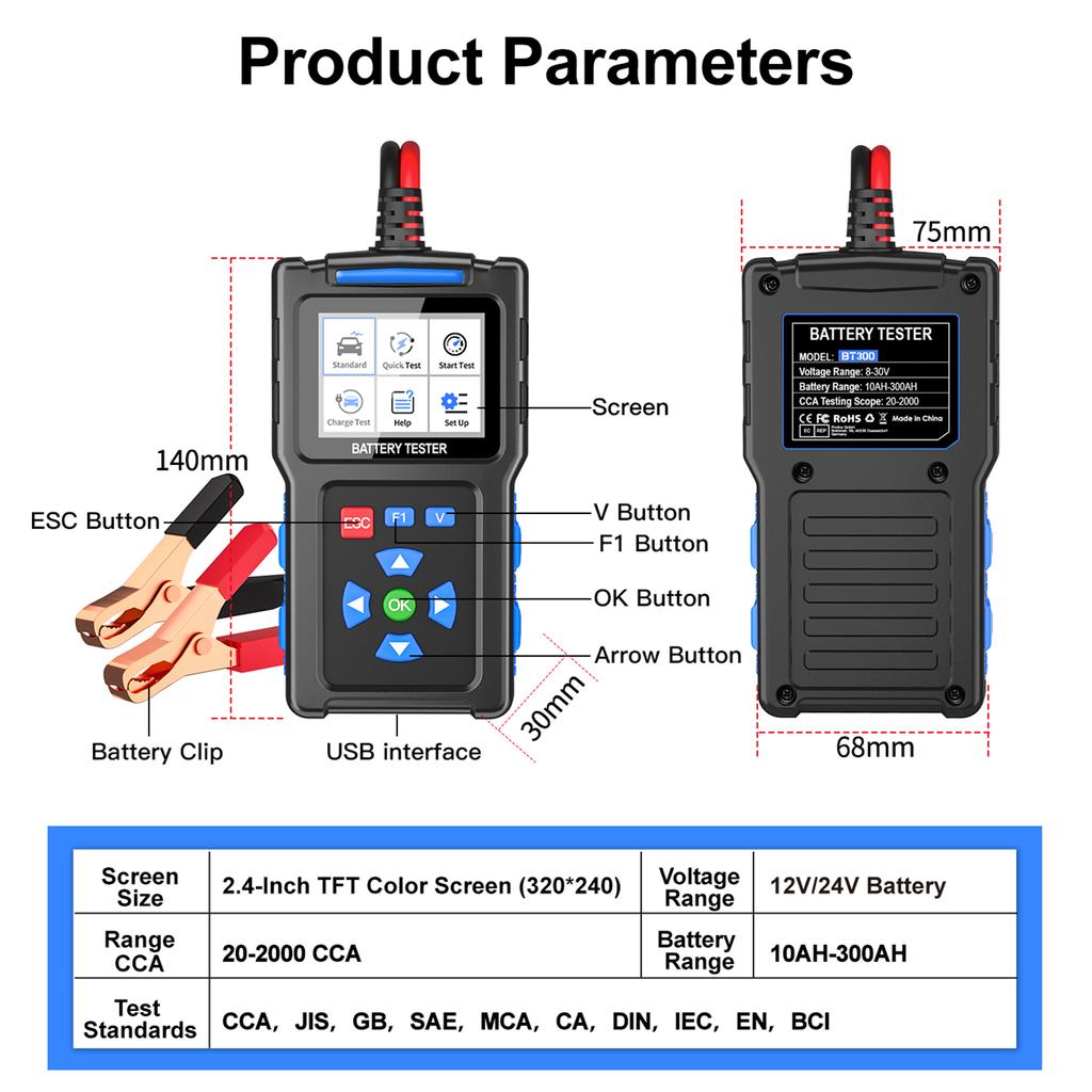 12V24V Car Battery Tester Automotive Battery Tester 202000 CCA 10AH300AH  Acid AGM Flat  AGM