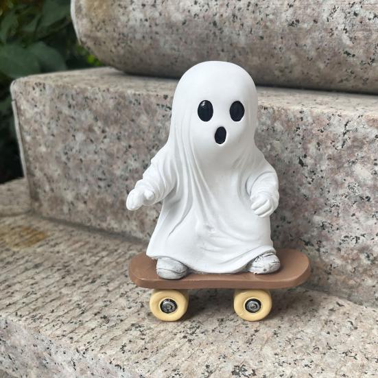 Halloween Skateboard Ghost Statue Cute Resin Ghost on A Skateboard Figurine for Tabletop Centerpiece Bookshelf Tiered Tray Decor