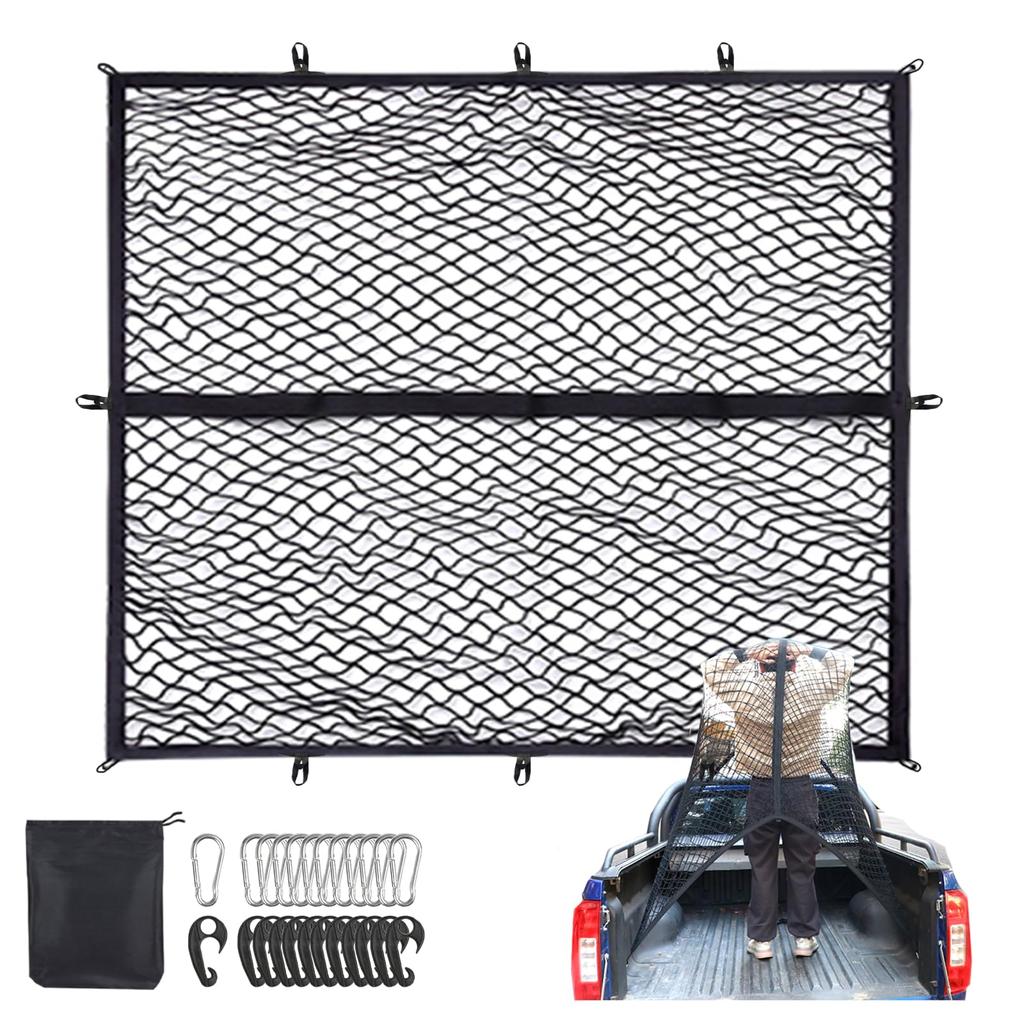 Misoso Cargo Car Roof Rack for Truck 12 ABS 12 Stainless Steel Storage Pouch Included Net, Beds, 90x120cm, Stretchable, Hooks, Carabiners, (1 Layer)