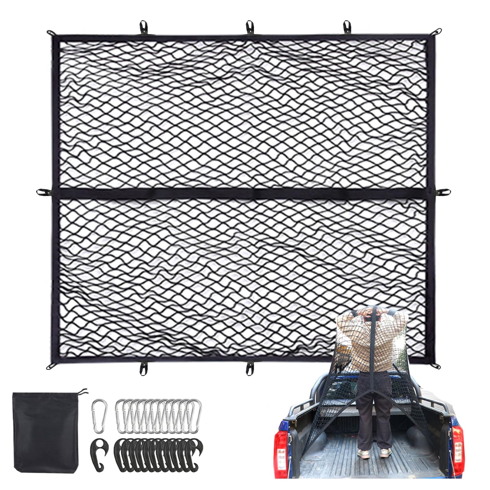 

Misoso Cargo Car Roof Rack for Truck 12 ABS 12 Stainless Steel Storage Pouch Included Net, Beds, 90x120cm, Stretchable, Hooks, Carabiners, (1 Layer) чорний
