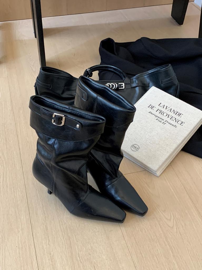 Pointed head turning tube stacking boots women's autumn and winter new single boots medium boots short boots thin legs thin high heels and ankle