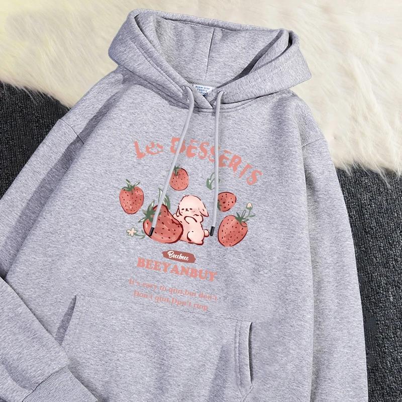 Strawberry Rabbit Print Hoodie Women Causal Kawaii Korean Style Fashion O-Neck Long Sleeve Pullover Autumn Winter Fleece Hoodie