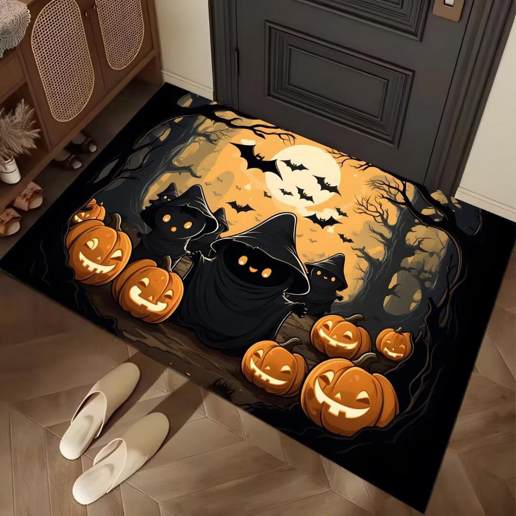 Halloween Themed Door Mat with Pumpkin Skull Reaper Pattern Non Slip Absorbent Outdoor Indoor Welcome Mat for Home Decor