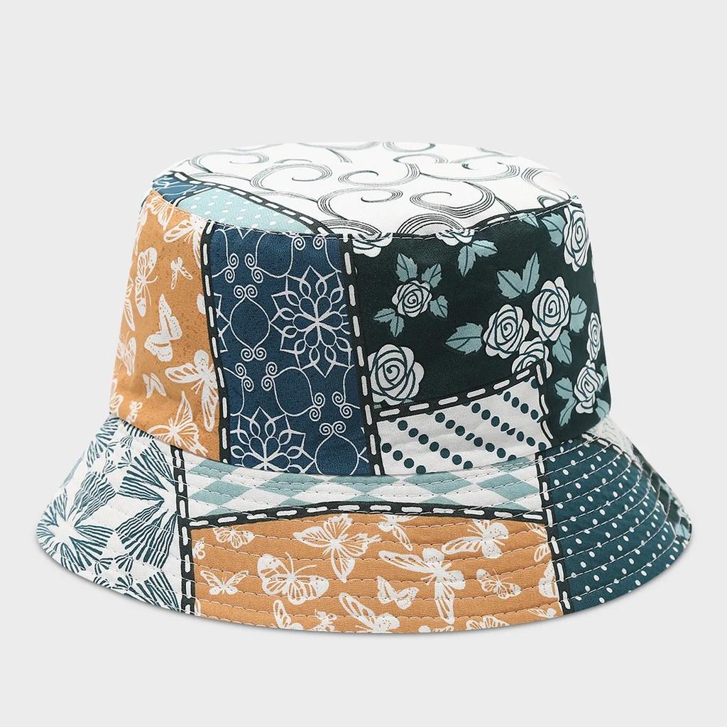Boho style flower print double side sunscreen fisherman hat women fashionable outdoor sunshade retro sun beach bucket hat