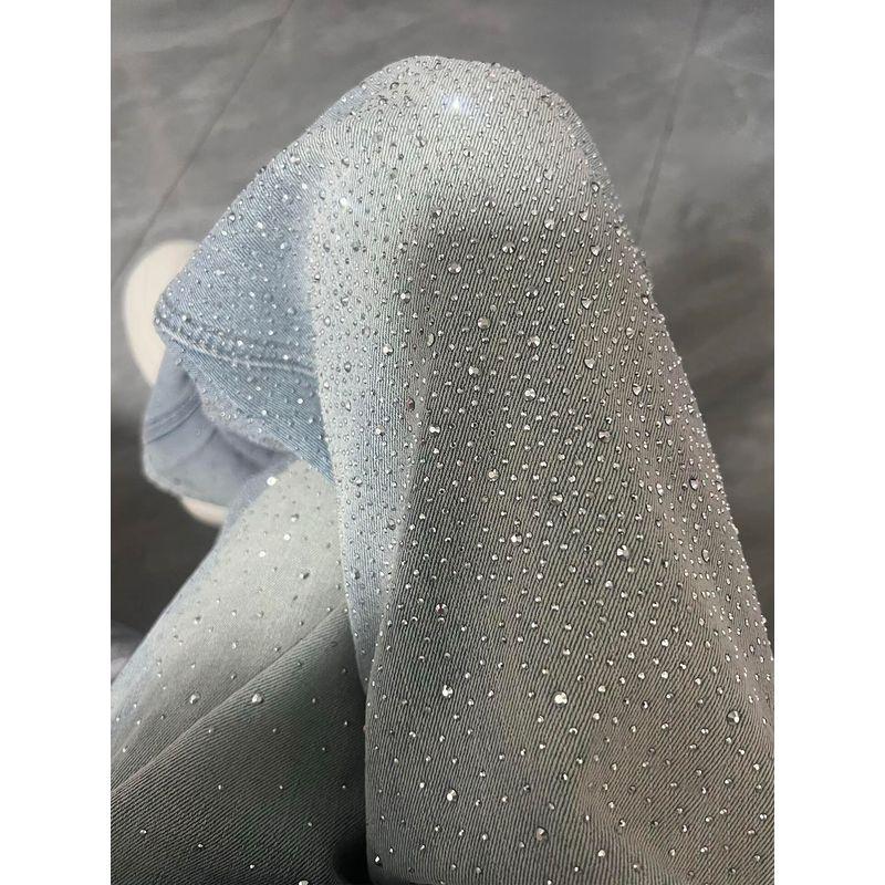 Blue Rhinestone Wide-Leg Jeans for Women, Summer New Style, High-Waisted Straight Pants for Plus-Size Girls with Pear-Shaped Body