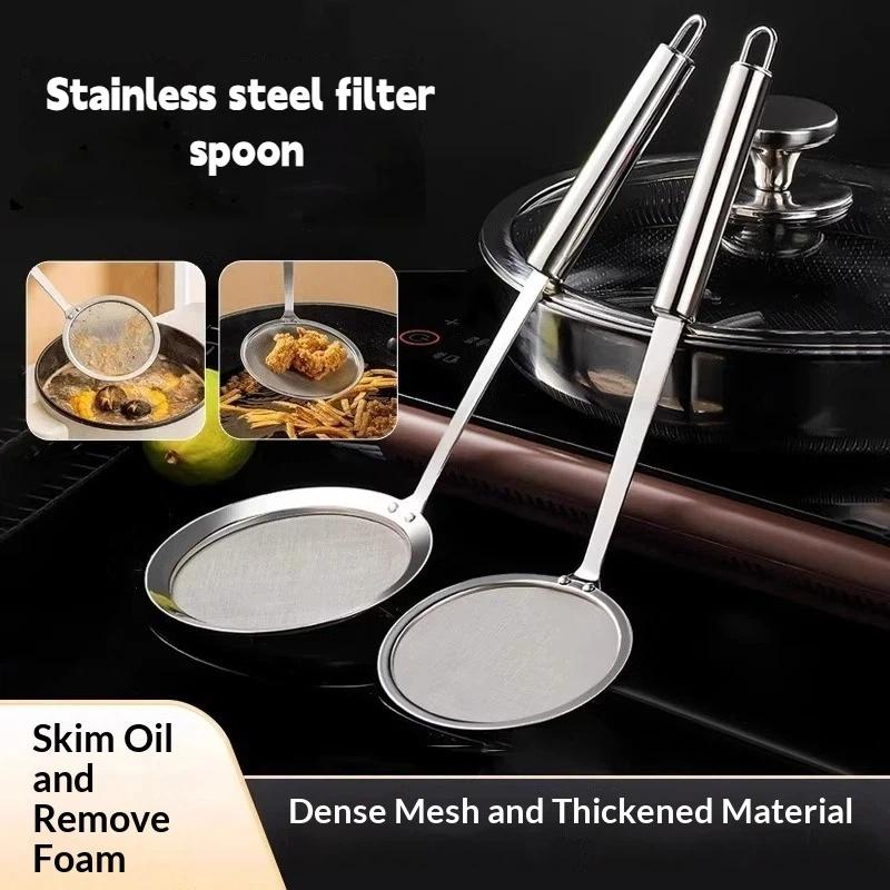 Stainless Steel Fine Mesh Strainer Spoon Round Handle Kitchen Filter Cooking Food Strainer Ladle For Skimming Grease Foam
