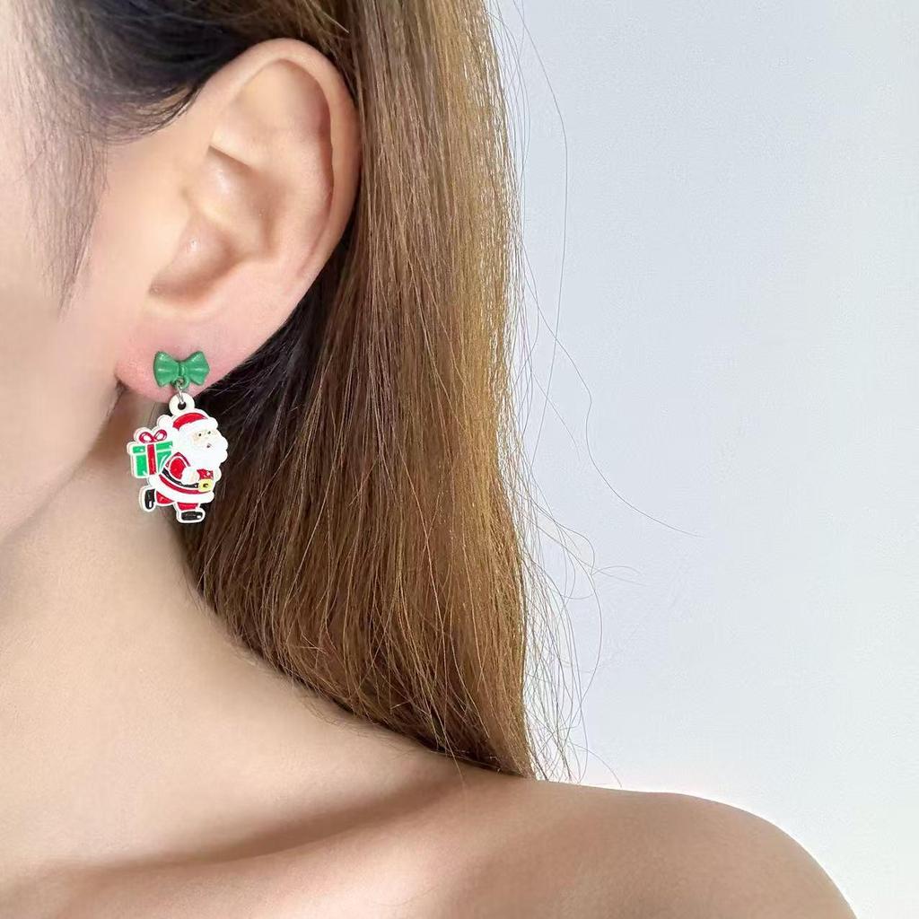 Creative Christmas Drip Oil Santa Bell Earrings for Women
