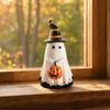 Yousheng Halloween Ghost Figurine with Witch Hat, Cute Small Resin Ghost Holding Pumpkin Statue for Home Table Shelf Desk Decor