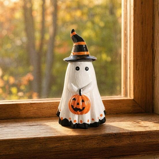 Yousheng Halloween Ghost Figurine with Witch Hat, Cute Small Resin Ghost Holding Pumpkin Statue for Home Table Shelf Desk Decor