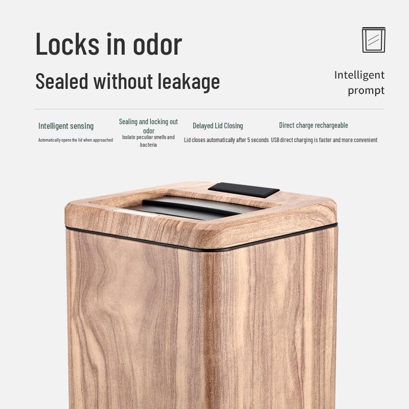 Wood Grain Smart Induction Trash Can for Home Sorting