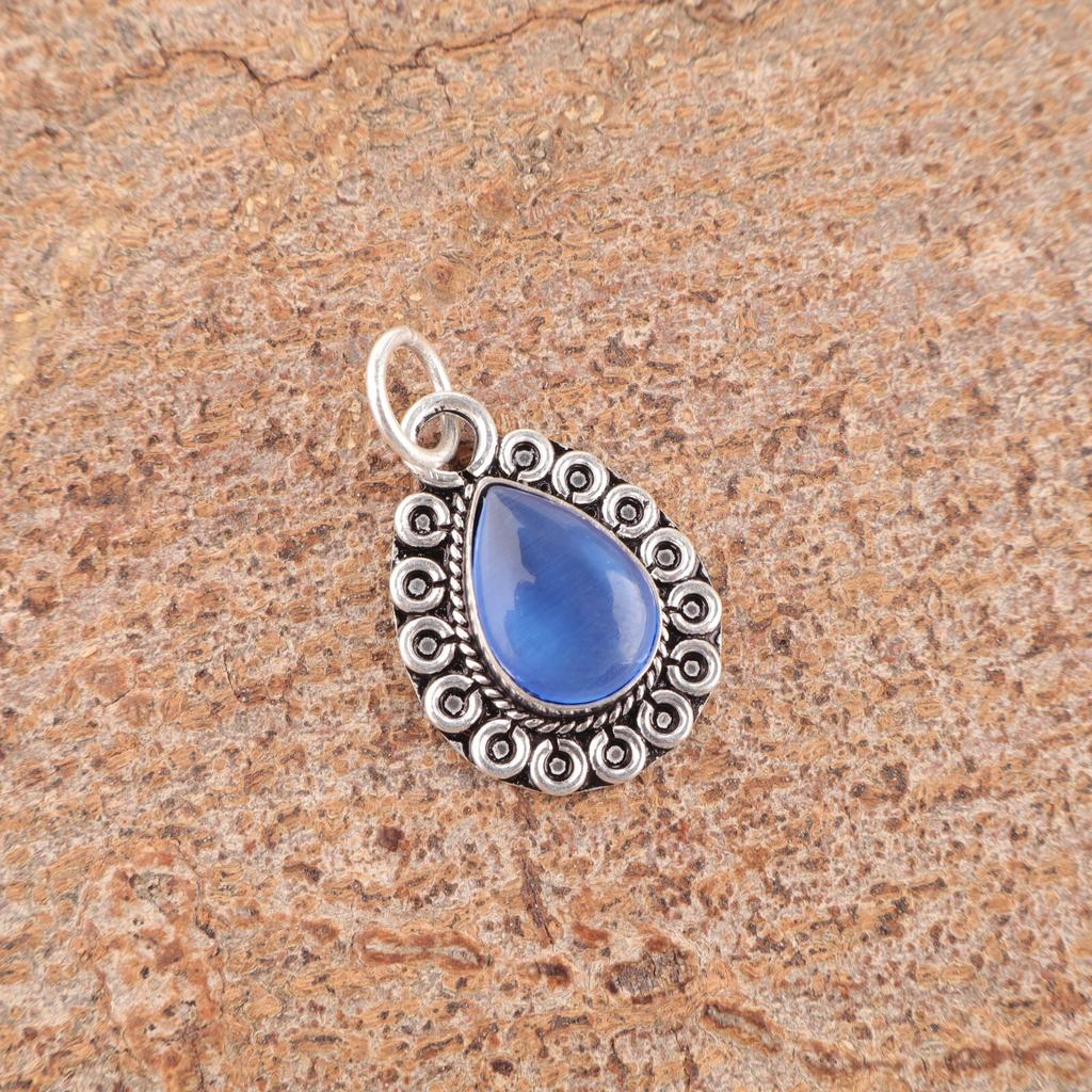 Pear Dark Blue Cat'S Eye Stone Elegant New Pendant Jewelry 925 Sterling Silver PP-26-42