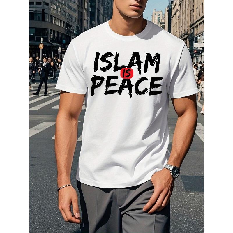 

European sizes Islam is Peace Men s Casual Short Sleeve T-Shirt - Breathable Polyester, Geometric Design, Round Neck - Perfect for Summer, Top 4XL білий