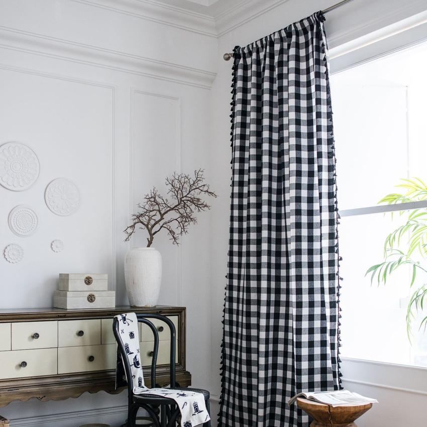 

Черная клетчатая занавеска из хлопка и льна, простая современная, высококачественная, затемняющая, в американском стиле, с кисточками для дома, гостиной, карманные крючки для штанги 150x160cm&Grommets Top