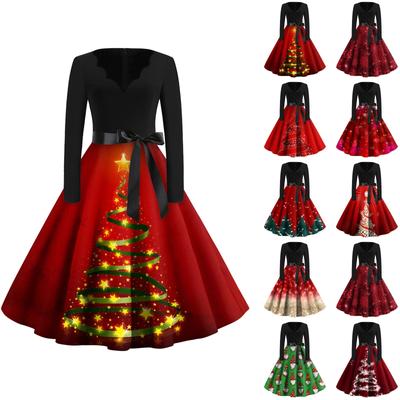 Vestidos de manga larga estampados navideños ajustados informales con cuello en V a la moda para mujer