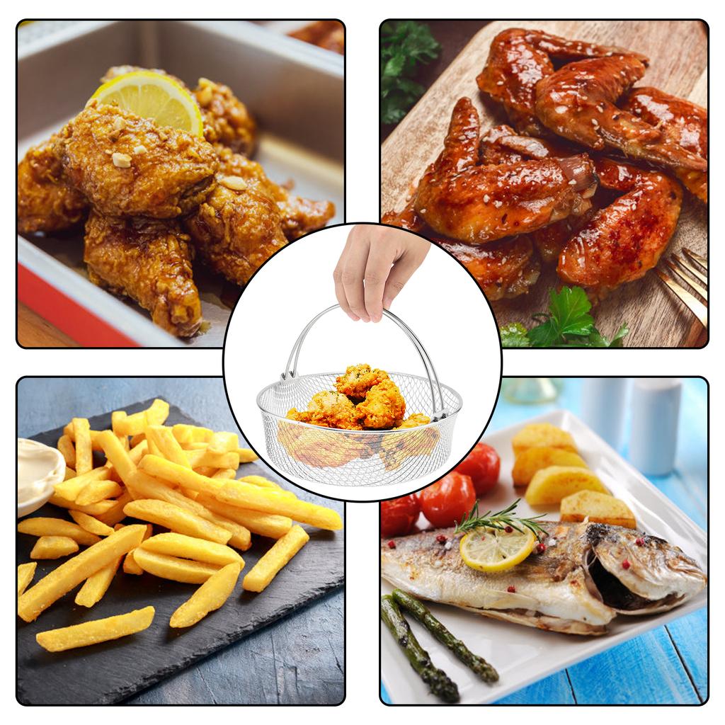 Stainless Steel Round Air Fryer Basket Heavy Duty Non Stick Cooking Basket Universal Fit Easy Clean Home Kitchen