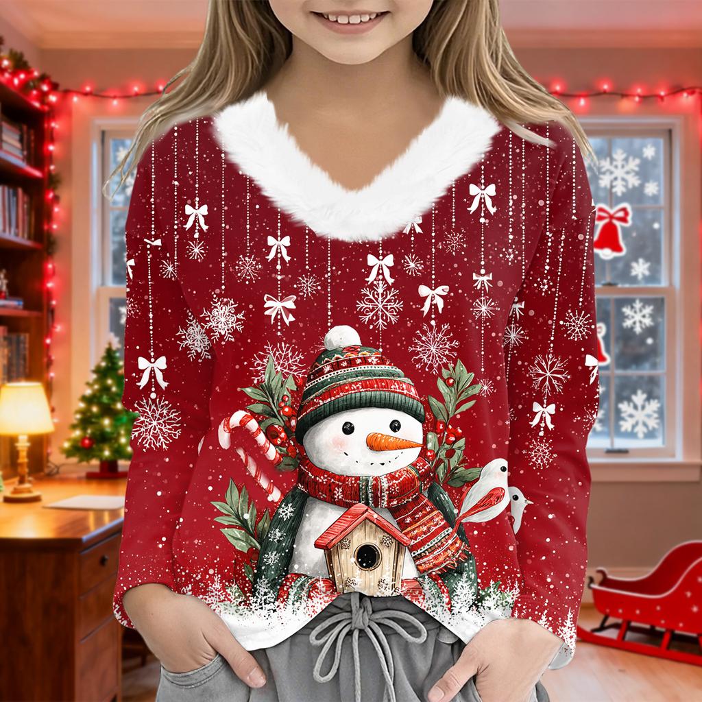 Christmas Day Girls Long Sleeve T Shirts Kids  Girls' V-Neck Tee Christmas Print Long Sleeve Top