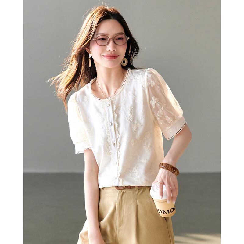 TERRE BLEUE Women s Lace Short-Sleeve Casual Shirt XL
