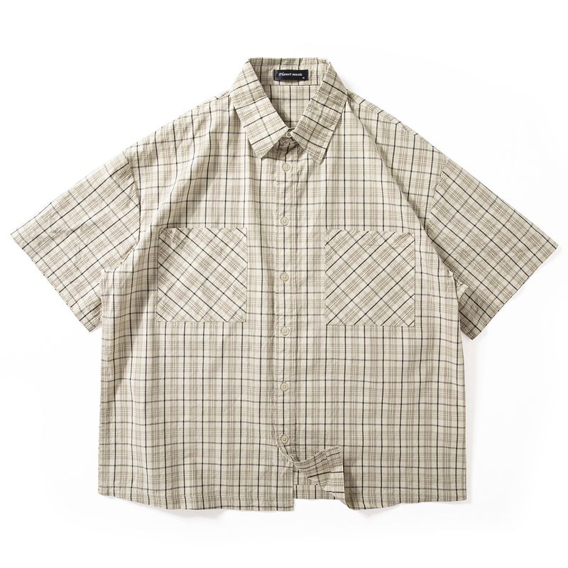 Short-Sleeved Shirt for Men, Summer Trendy Japanese Retro Plaid Cotton Top, Loose Wide-Fit Artistic Half-Sleeve Shirt