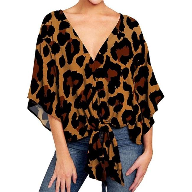 Damen Casual Blumenhemd Sommerstil V-Ausschnitt Kurzarm Fledermausärmel Lockeres Hemd Bohemian Stil Frontknoten Oberteil