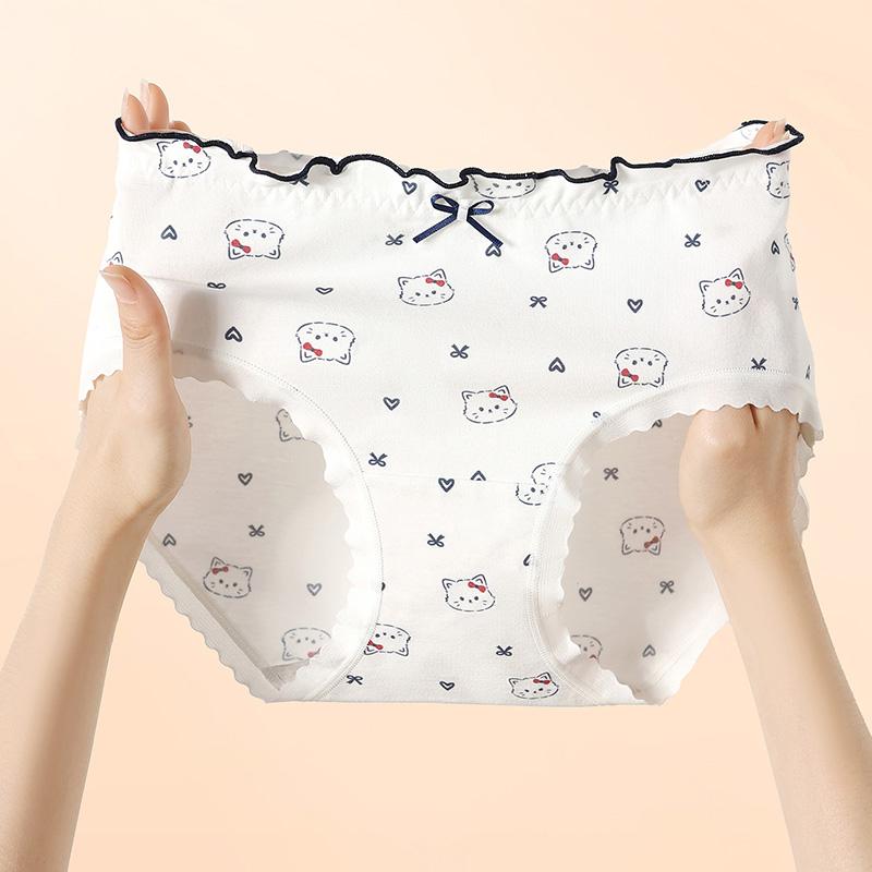 Fentenggan Xinjiang Cotton 10A Antibacterial 4-Pack 100% Cotton Crotch Cute Mid Waist Triangle Underwear for Women