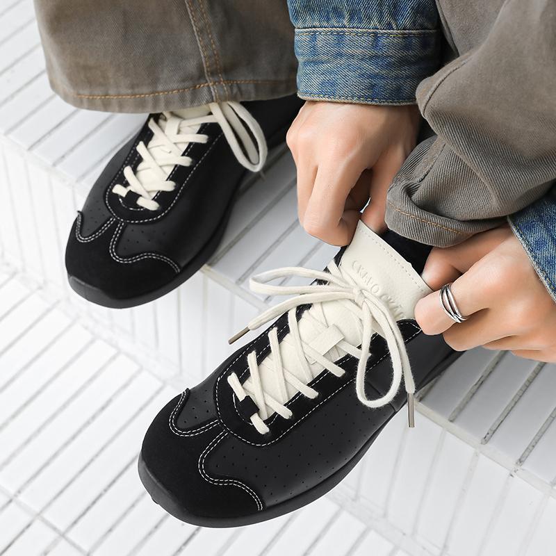 2025 High Quality Casual Retro Comfortable Shoes Cross Tied Patchwork Bicolor Pumps Round Toe Flat with Shallow Lace Up Sneakers