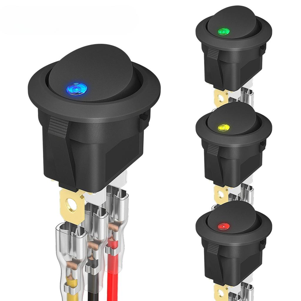 4PCS Round Rocker Switch 12V 20A Round Toggle Switch 12 Volt DC Lighted 3 Pin 2 Way SPST Switch for Automotive Car Boat