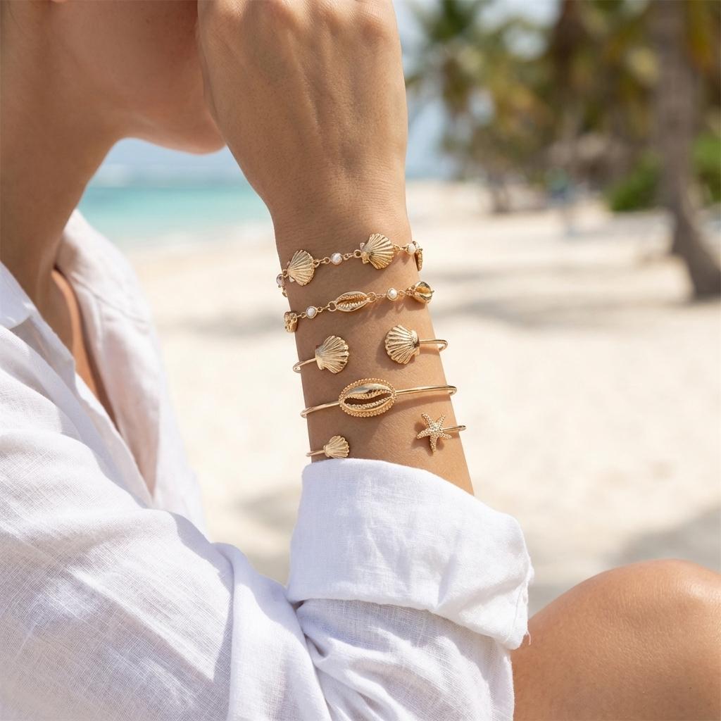 5 Pcs/Set Simple Metal Shell Starfish Open Bangles for Women Boho Summer Stackable Cuff Bracelet Seaside Beach Party Jewelry