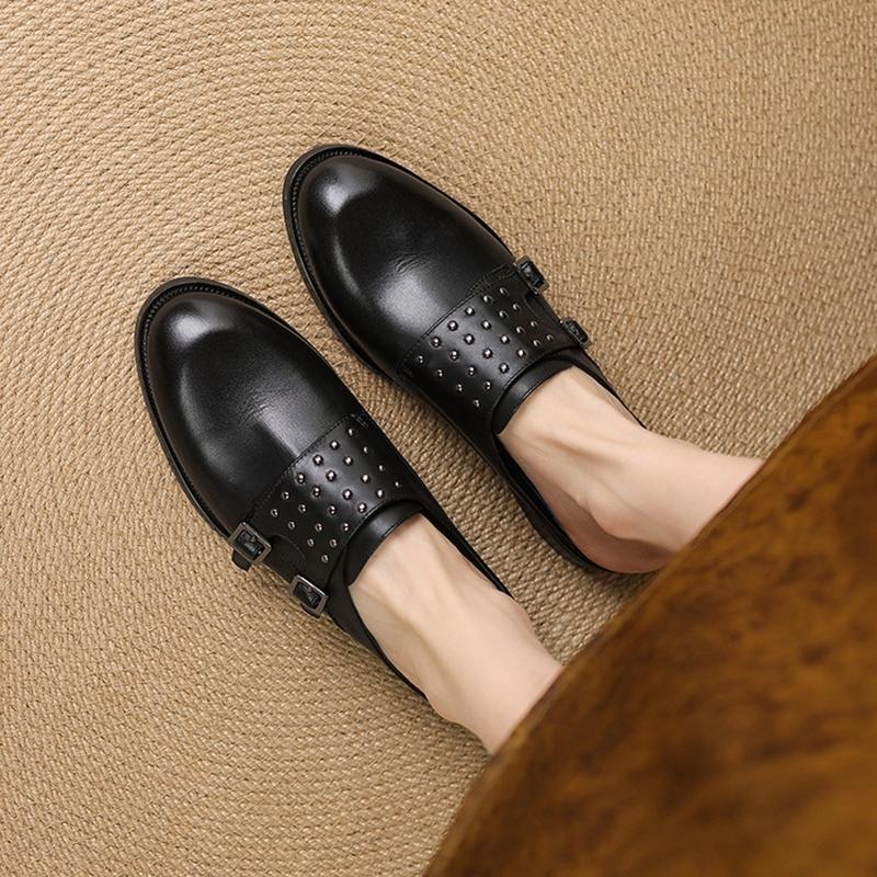Fashion NEW Summer Women Mules Genuine Leather Shoes for Women Cover Toe Slingback Shoes Round Toe Low Heel Sandals Rivet Modern Slipper