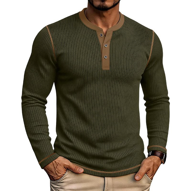 Men's Henry Neck Knit Long Sleeve T-Shirts Color Block Ribbed Casual Slim Fit Pullover Tops Autumn Winter Thermal Undershirts Men