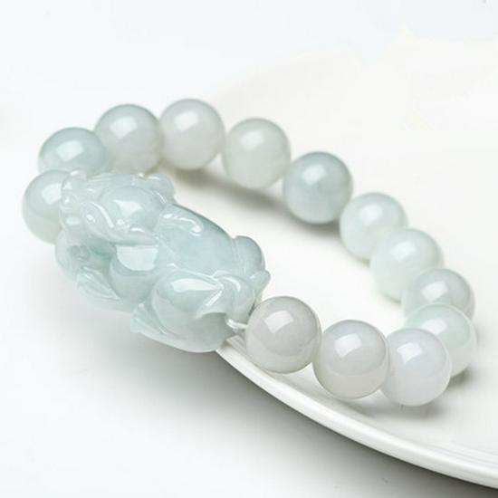 Certified A-Grade Burmese Jade Pixiu Bracelet with Round Beads