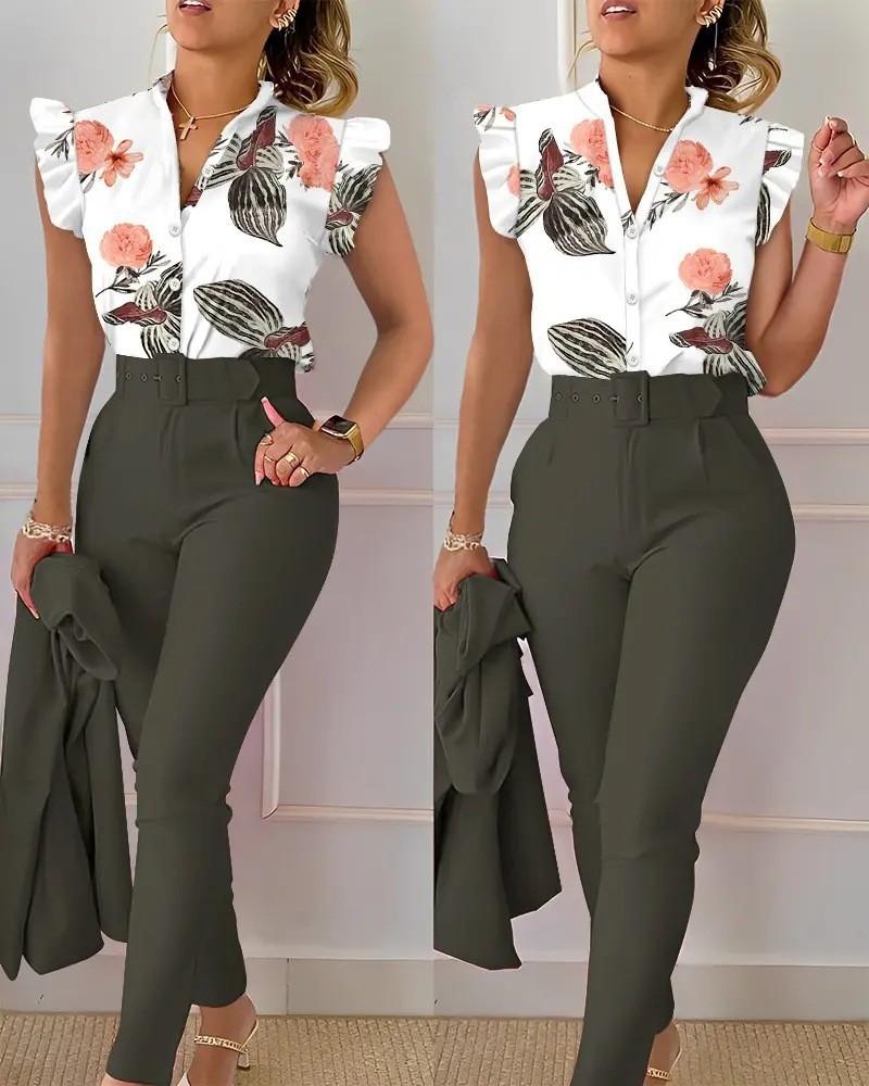 Two Piece Sets Women Outfits Elegant Single Breasted Short Sleeve Top Work Pants Casual Suit