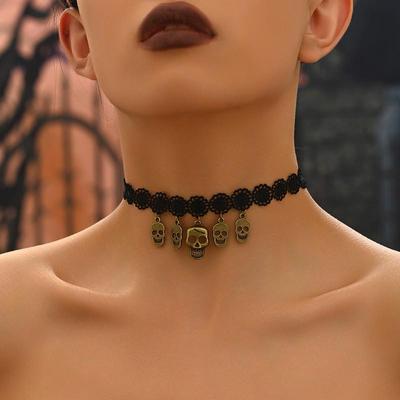 Damen Halloween Geometrische Totenkopfspitze Halskette - Dunkler Stil Geisteranhänger Schmuck