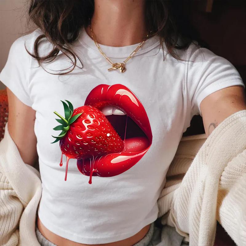 Strawberry Lip Print Design Tee Crop Top Watercolor Lip Print Unisex Casual Wear Fashion Short Sleeves Lip Sexy Cotton Crop Tops