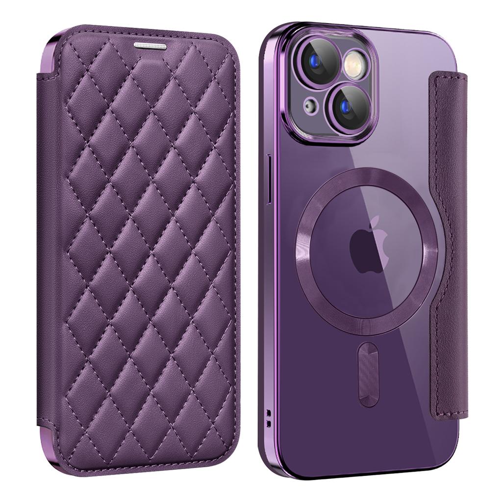 For iPhone 15 Plus Built-in Lens Film Phone Case RFID Blocking Card Slots Leather Cover Compatible with MagSafe