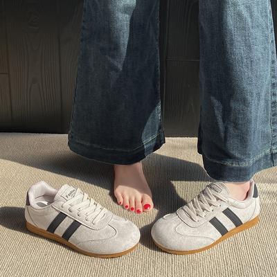 Vintage Lightweight German Training Shoes Women's 2025 Spring New Fashion Lace-up Yellow Sneakers Flat Matte Leather Sneakers